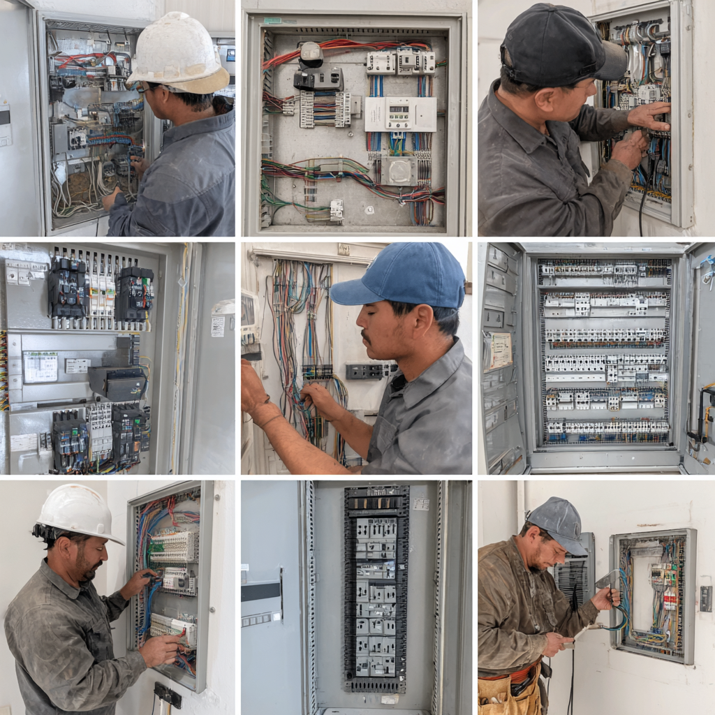Professional electrician working on residential electrical panel installation