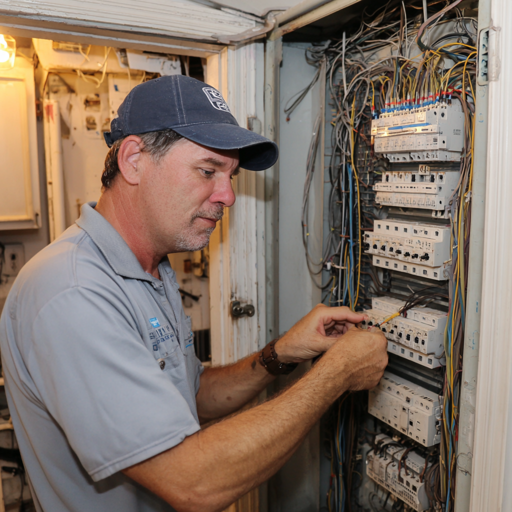 Licensed electrician performing comprehensive electrical inspection of residential panel and wiring system