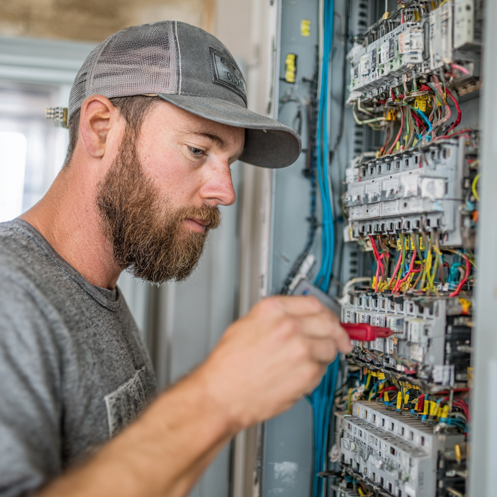 Homeowner scheduling electrical inspection for older residential property with visible signs of electrical issues