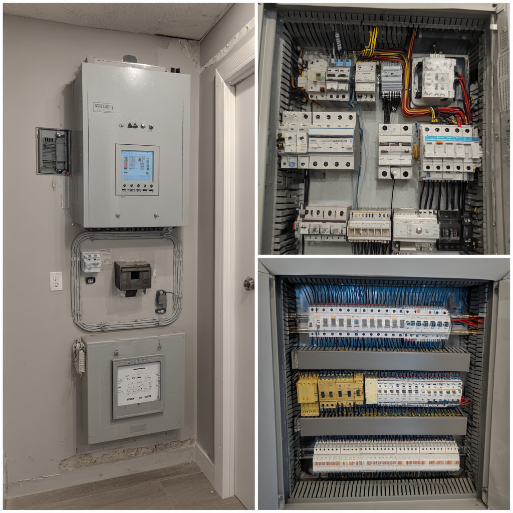 Electrical inspection professional examining residential electrical panel and wiring system